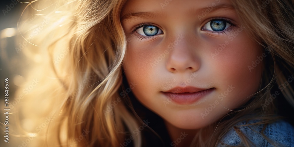Naklejka premium Close-up portrait of a beautiful blonde girl in backlit rays
