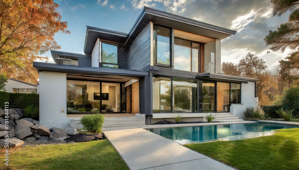 beautiful home exterior, showcasing a picturesque facade adorned with intricate architectural details modern design with clean lines, large windows, and sleek finishes. 