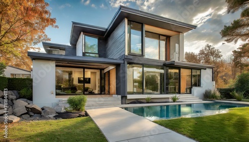 beautiful home exterior  showcasing a picturesque facade adorned with intricate architectural details modern design with clean lines  large windows  and sleek finishes. 