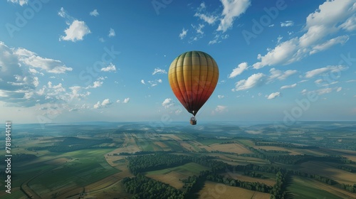 An electric-powered hot air balloon drifting serenely through the sky, with passengers enjoying panoramic views of the countryside below. © Ammar