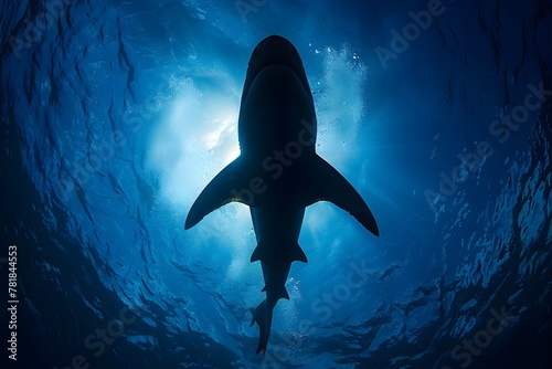 Imposing Shark Silhouette Lurking in the Mysterious Deep Blue Ocean