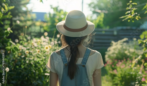 Serene summer day with young woman in sunhat enjoying nature