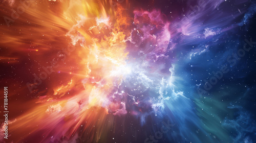 Artistic rendering of a color supernova, with radiant hues expanding from a central explosion of white light, photo