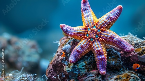 Vibrant Starfish Clinging to Ocean Rock Showcasing Its Intricate Textured Patterns and Captivating Colors Against the Serene Underwater Seascape