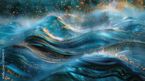 Artistic rendering of a quantum flux, with waves of computational power rippling through a digital sea, photo