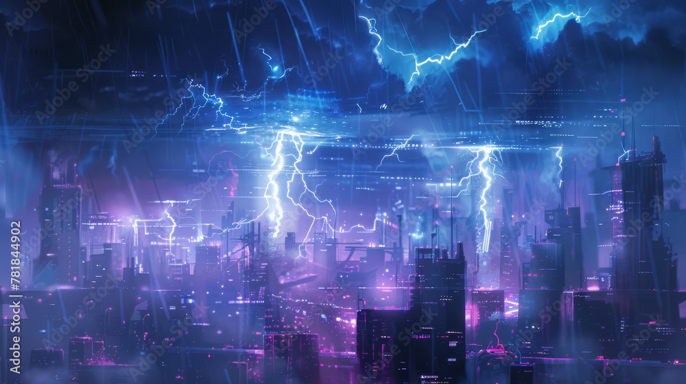 Naklejka premium Concept art of a digital tempest, with lightning bolts of information striking down to illuminate dark networks,