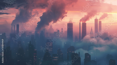 Concept art of cityscapes overshadowed by towering dark smog clouds, a stark contrast to a clean energy future,