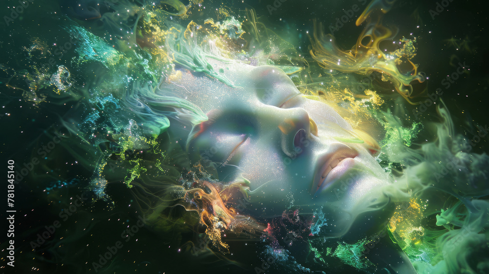 Conceptual image of an AI dreaming, with abstract visions materializing in the form of glowing data clouds, Conceptual image of an AI dreaming, with abstract visions materializing in the form of glowing data clouds,