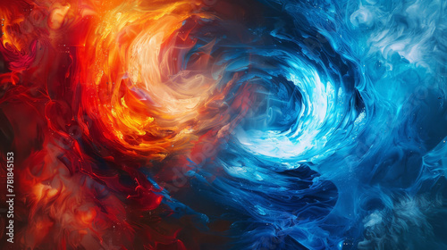 Conceptual depiction of a clash between hot and cold colors, with blues and reds swirling in a dynamic duel,