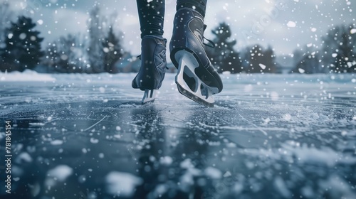 An electric-powered ice skater gliding gracefully across a frozen pond, with snowflakes falling gently from the sky and the sound of laughter ringing out in the crisp winter air.