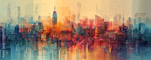 City skyline transformed into abstract geometric art.