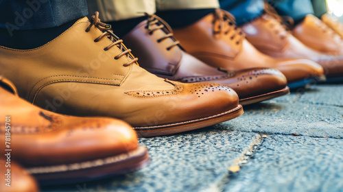 A row of mens business shoes lined up neatly on a sidewalk, waiting to step into action