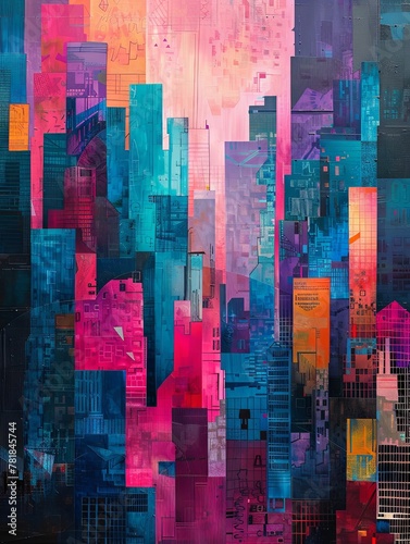 Abstract cityscape with geometric buildings in vibrant colors.
