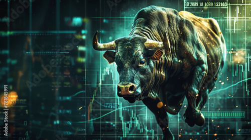 A bull stands in front of a digital background filled with stock charts  symbolizing trading activity on the stock exchange