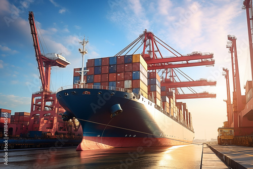 Logistics and transportation involve the movement of container cargo ships for import, export, and transport purposes.
