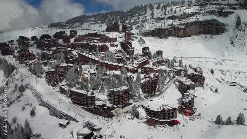 French Alpine Ski Village of Avoriaz 1800. Aerial shot