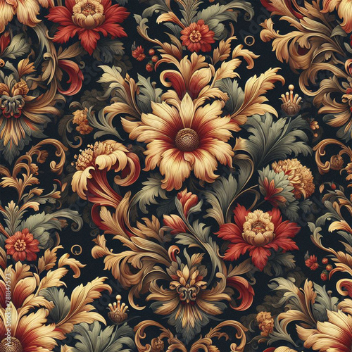 Beautiful floral elegant swirls damask fabric seamless pattern of hand drawn flowers with decorative dark vintage with colorful wallpaper background