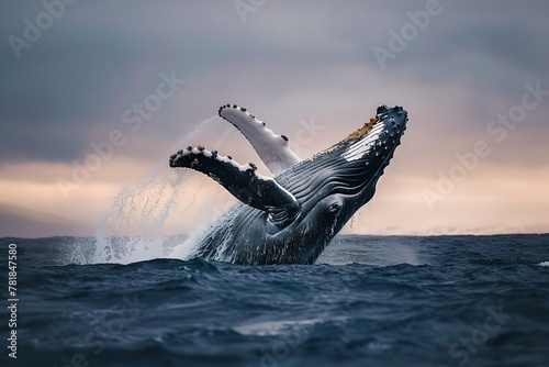 Majestic Humpback Whale Breaching in Moody Ocean Waters at Dusk. Wildlife in Natural Habitat. Nature Photography Style. Generative AI