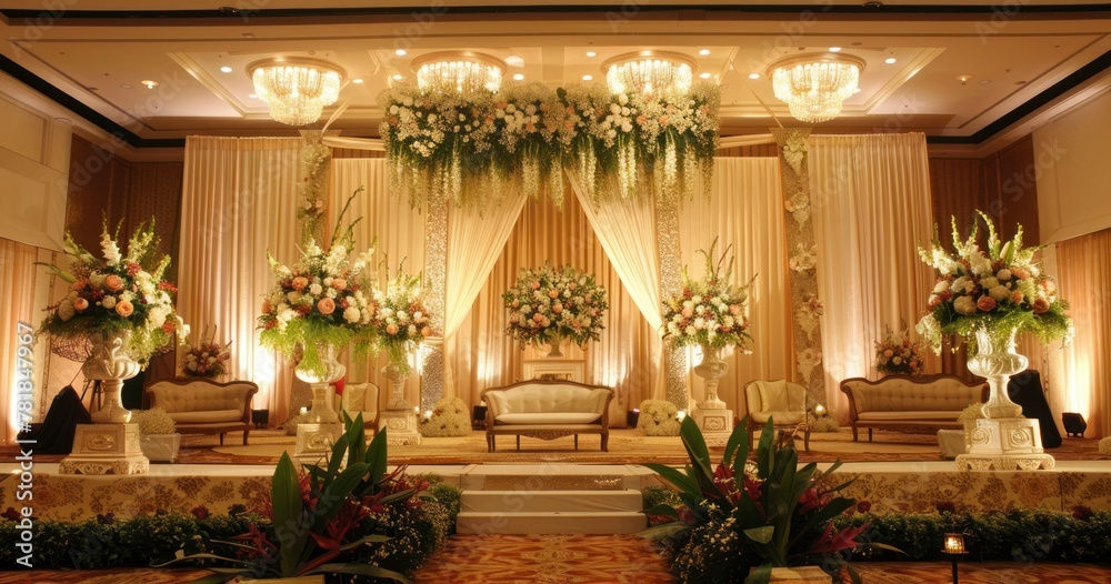 Beautiful Interior of Marriage Hall. Decorated Stage wedding