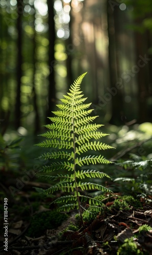 Vibrant fern leaves glow against a shadowed woodland backdrop.