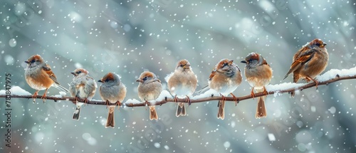 lots of little birds sitting on a branch during a snowfall in winter Park