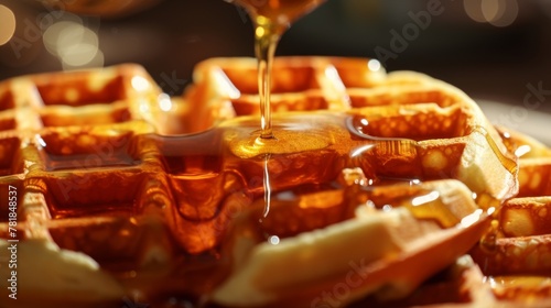 Indulge in a mouthwatering waffle with cascading syrup