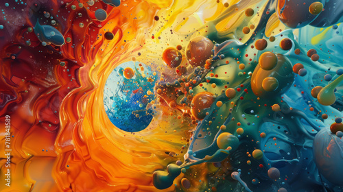 High-tech image of a microscopic view into a drop of paint, revealing a universe of particles in vibrant collision,
