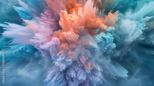 Visualization of a silent explosion of pastel shades, a soft burst of colors against a deep, contrasting backdrop,