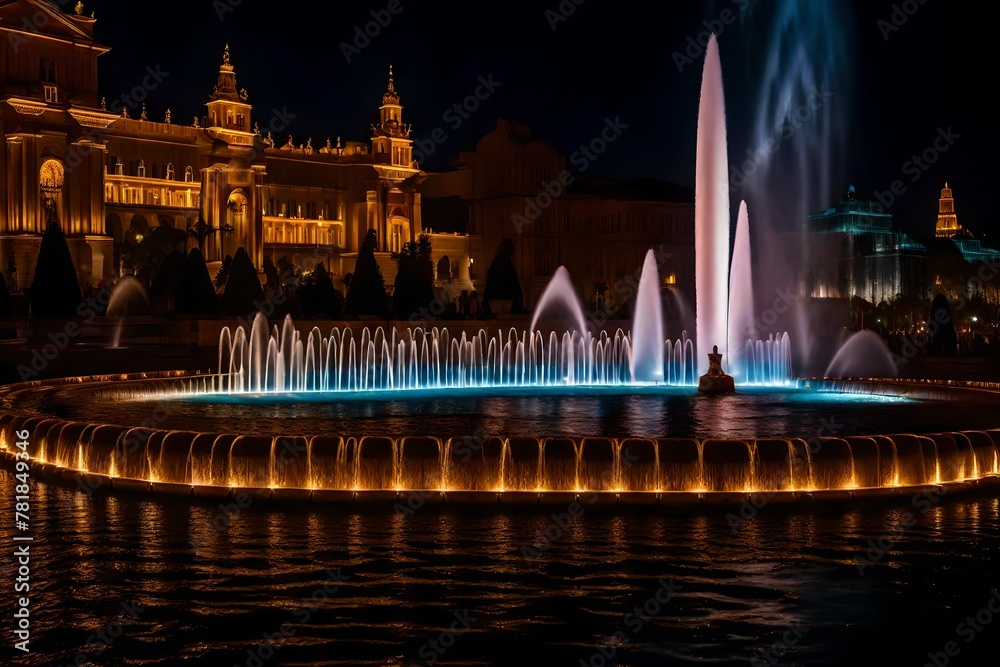 Dancing fountain show. Magical view at night. Tourist attraction. Luxury travel inspiration.