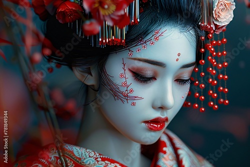 geisha with sakura flowers, portrait of a japanese woman