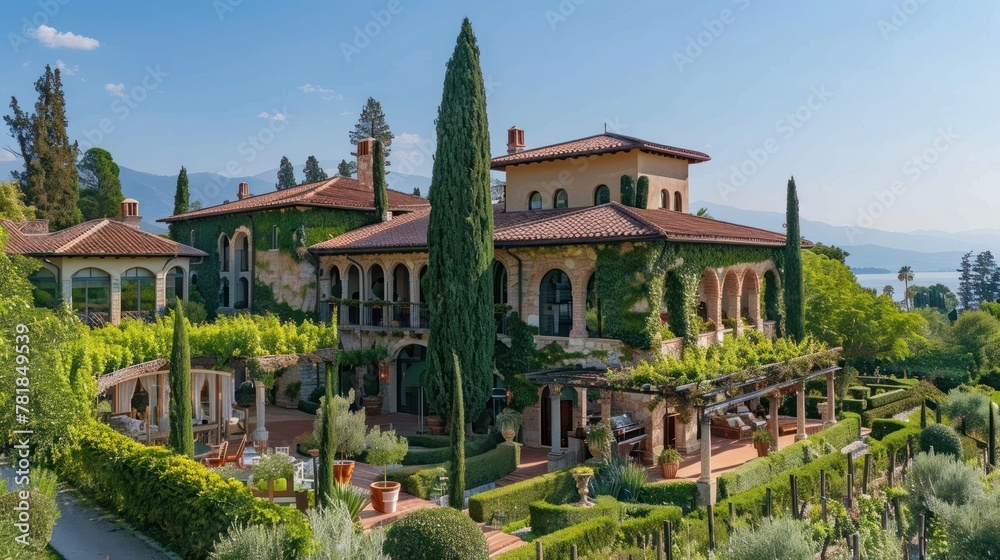 a luxury vineyard estate with sprawling gardens, underground wine cellars, and Tuscan-inspired architecture  