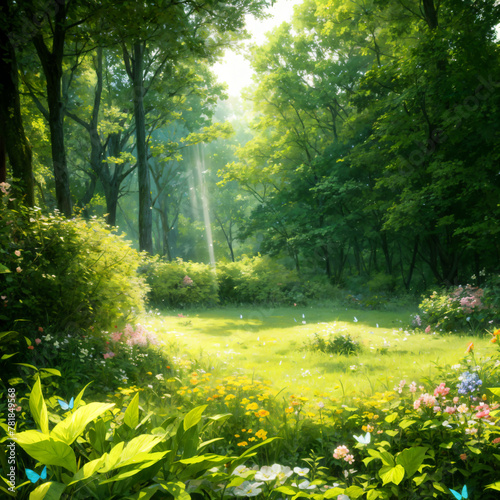 Beautiful forests and flowers under the sun, dreamy scenery