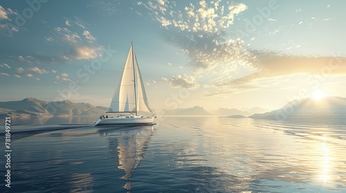 An electric-powered yacht sailing across a tranquil bay, with the wind in its sails and the sun shining overhead.