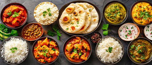 Traditional Indian Meal with Spicy Dishes, Authentic Cuisine Experience, Variety of Flavors and Ingredients, Gourmet Food Presentation and Dining photo