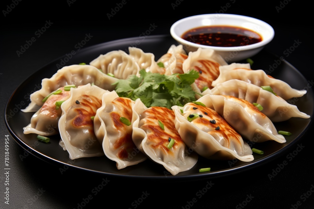 Steamed pork-filled gyoza topped with dipping sauce on a black plate. Steamed pork-filled gyoza topped with dipping sauce on a black plate.