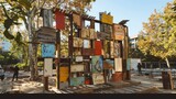 art installation using salvaged materials from the construction site, highlighting sustainability and creative reuse  