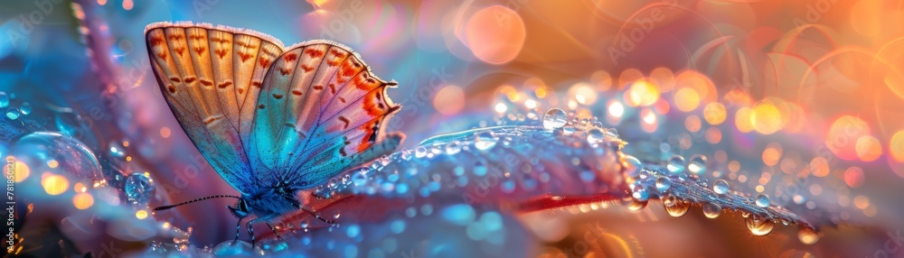 Iridescent butterfly wings, vibrant and shimmering, casting colorful reflections on a dewy garden Sunset hues play on the delicate patterns with a dreamy, ethereal effect Realistic - obrazy, fototapety, plakaty 