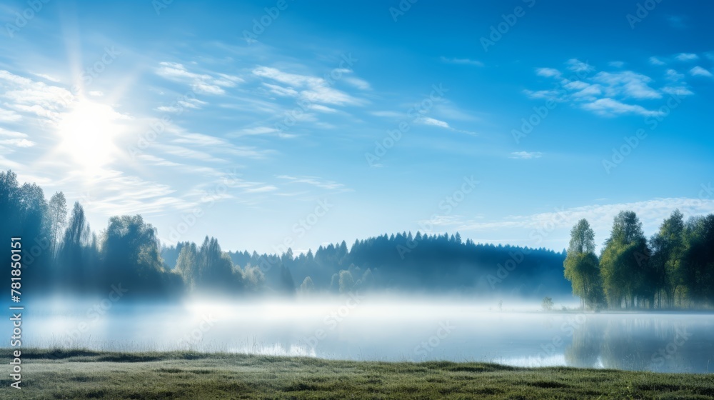  morning sun shines on the bright blue sky. with some mist floating above the ground 
