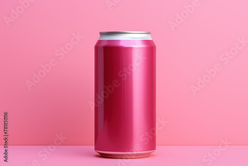 Pink soda can mockup on pink background.