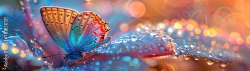 Iridescent butterfly wings, vibrant and shimmering, casting colorful reflections on a dewy garden Sunset hues play on the delicate patterns with a dreamy, ethereal effect Realistic