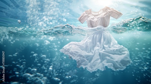 Laundry detergent ad with floating clothes in soapy water for commercial banner design photo
