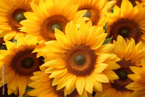  sunflowers are in full bloom. Take close-up photos The stamens are clearly visible.  photo