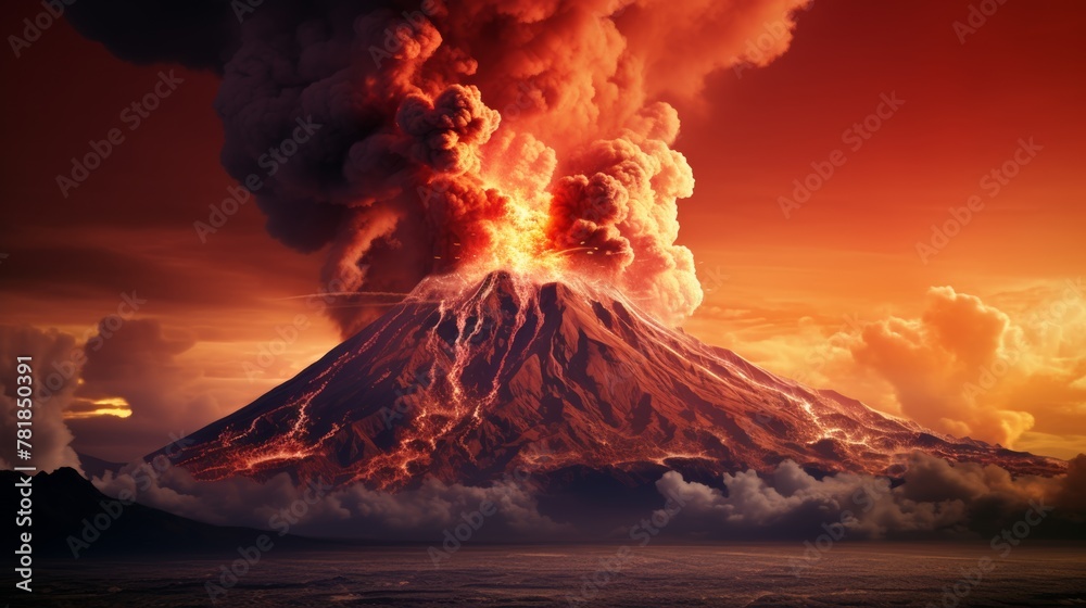 photograph of Volcano erupts, lava flows over black sky background.