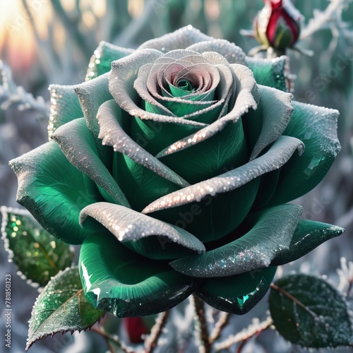 green flower in the snow, emerald velvet rose with diomand trim sparkling holographic glitter on a frosty morning photo