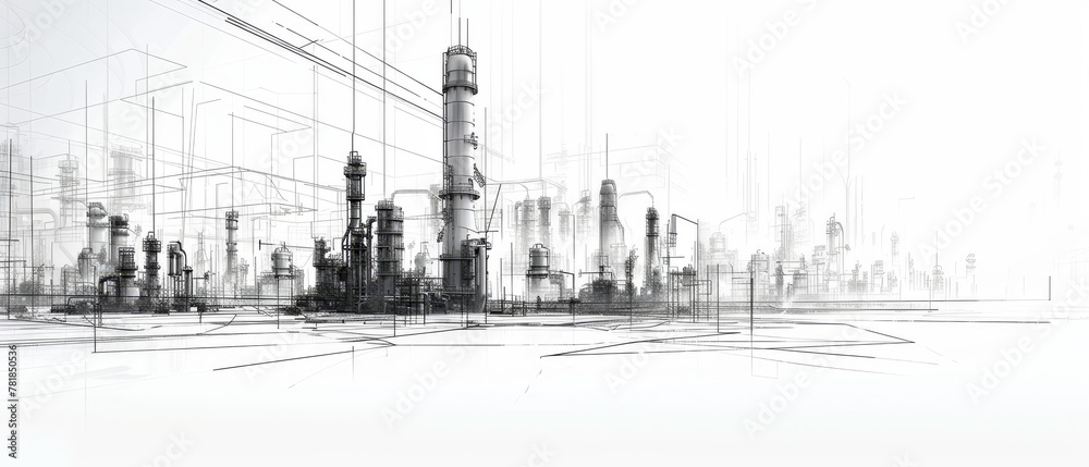 Dynamic angle of refinery towers, stretching towards the sky, paralleled with a growth trend line,