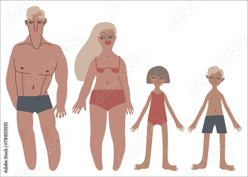 Flat Caucasians family: man, woman and kids in underwear portraits of different shapes and sizes vector illustration set. Tanned skin people with blond hair in cartoon style for multinational and