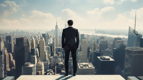  young man in black suit Standing in front of a skyscraper Looking at the big city  © venusvi