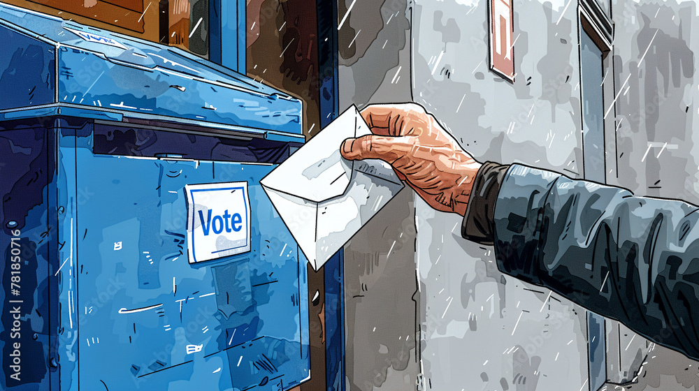 An ultrarealistic sketch of a mans hand dropping an envelope into a light blue electoral box with "Vote" signage set on a white background - obrazy, fototapety, plakaty 