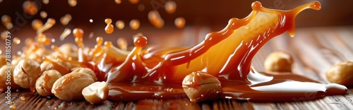 A wooden table is covered with a variety of nuts and drizzled with caramel sauce in a close-up view photo