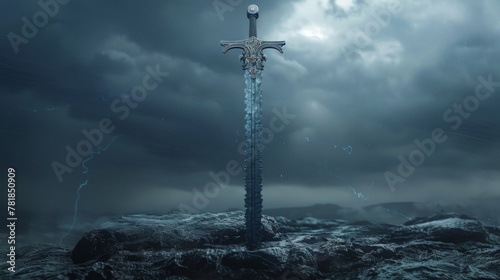 Legendary Sword, Ornate Hilt, Weapon of Destiny, Emerging from a Stone, Stormy Weather, 3D Render, Rim Lighting, Motion Blur
